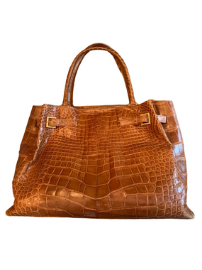 SUZANNE NEW YORK CROCODILE EMBOSSED HANDBAG CARAMEL LARGE